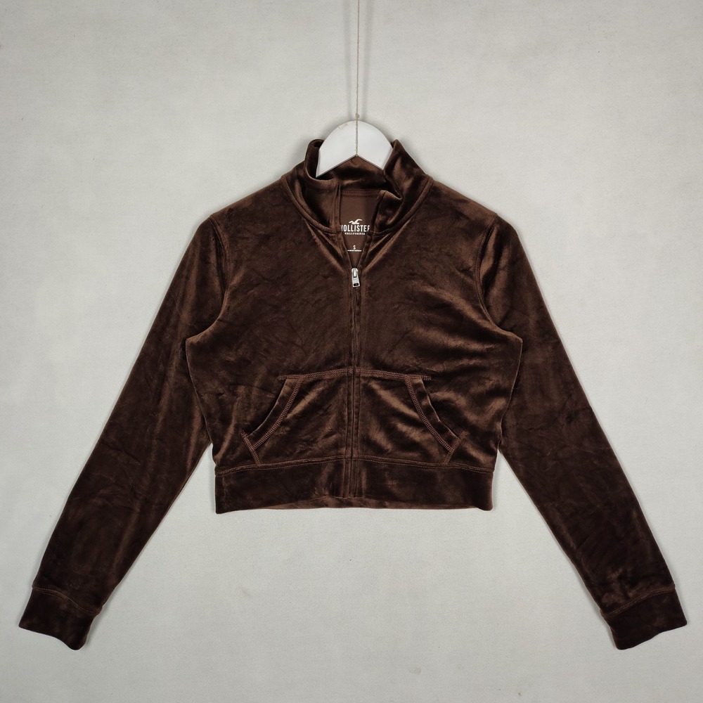 Hollister Brown Velour Cropped Zip Up Track Jacket Mock Neck Small 352F2692